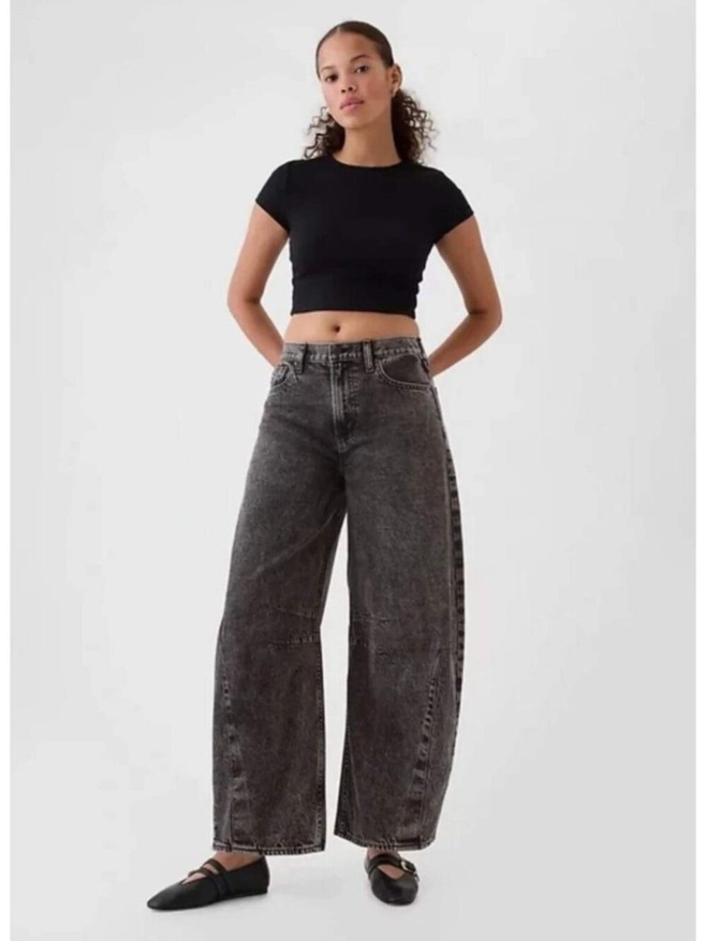 GAP Barrel High Rise Jeans Womens Black Faded Cotton Tapered Wide Leg 8